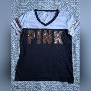 PINK Victoria's Secret Black and White Tee with Gold Sequins